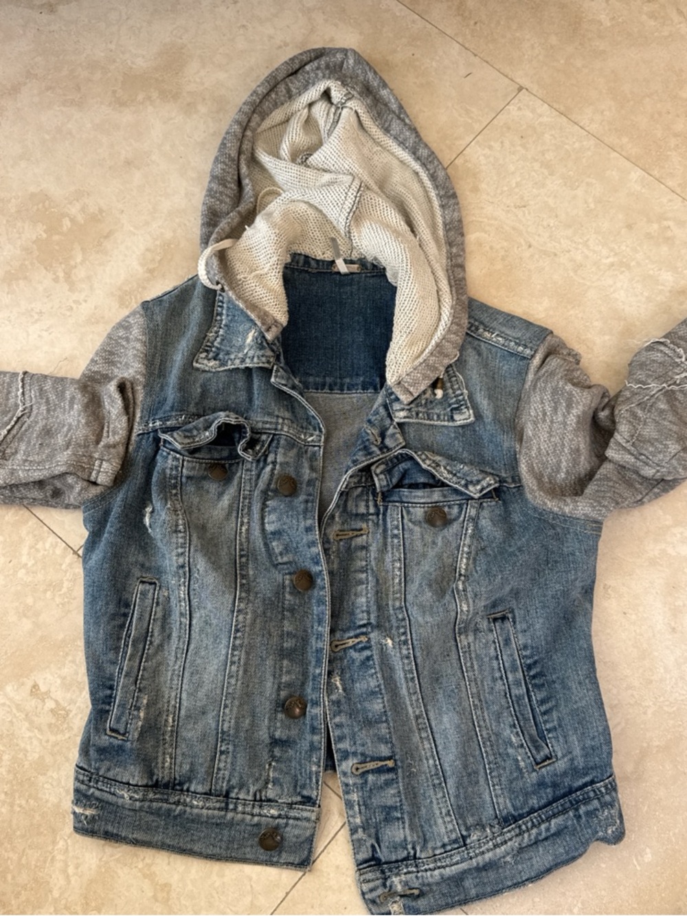 Free People Blue Denim Jacket with Gray Knit Hood & Sleeves